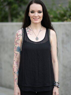 Topshop Petite ✦ Black Semi‑Sheer Embellished Tank ✦ Studded Straps Lined Front
